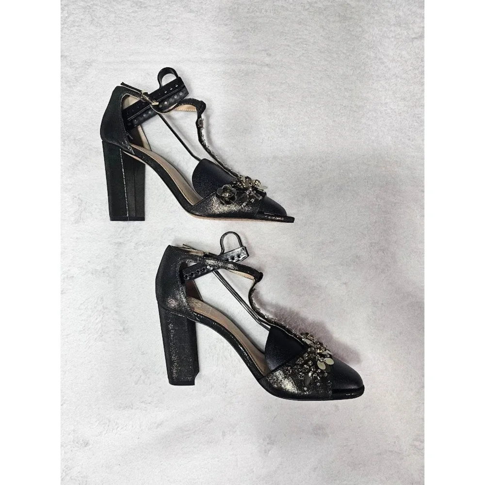 Vince Camuto Serafine Titanium Dazzle Suede Embellished T-Strap Block Heels 10M